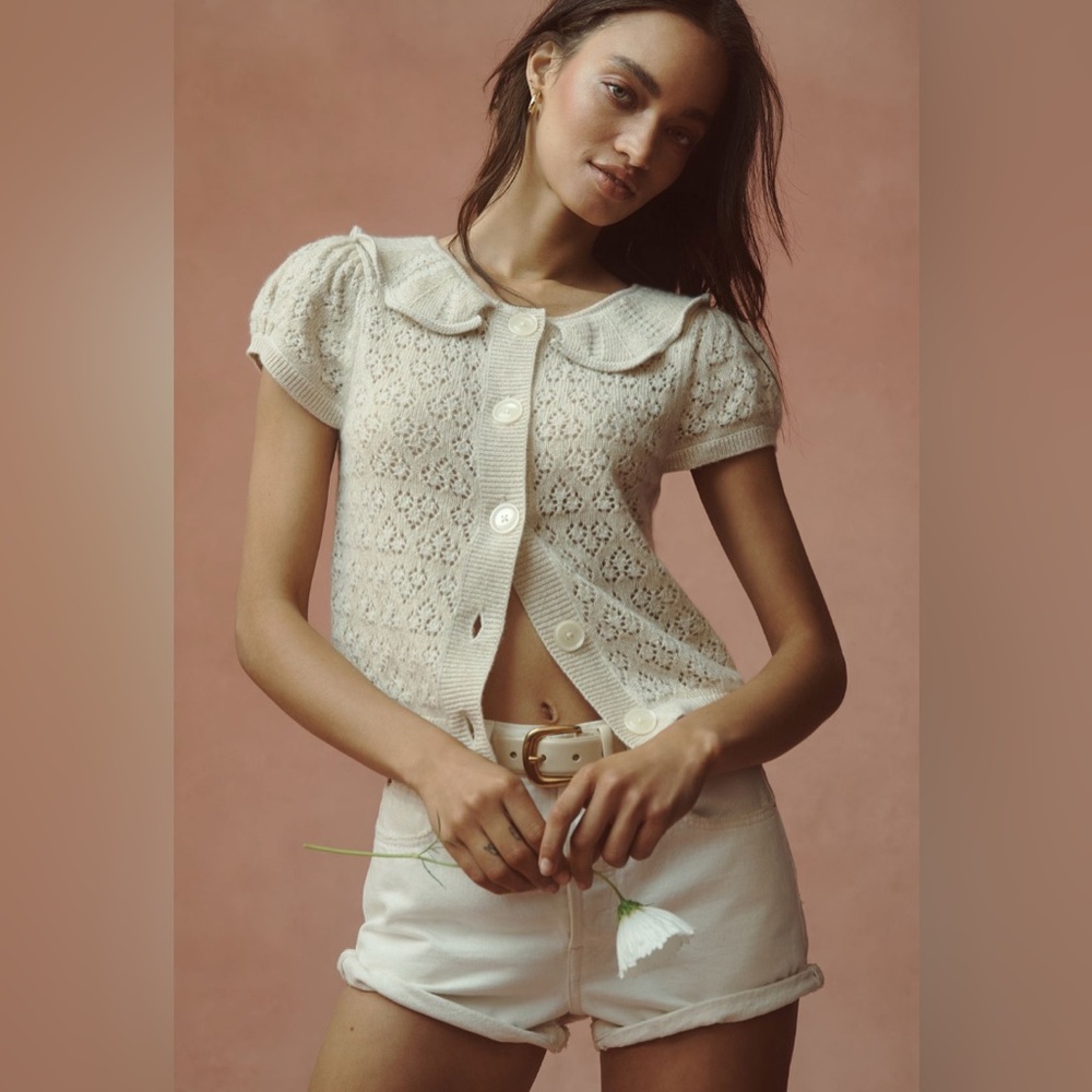 ✨ Anthropologie Short-Sleeve Scallop-Collar Pointelle Cashmere Cardigan Sweater